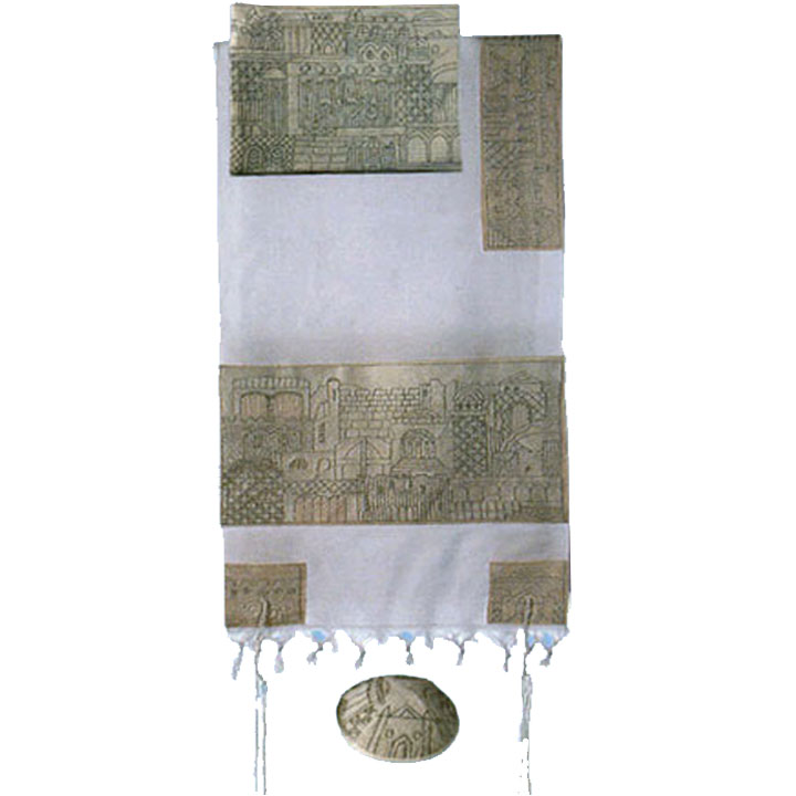 Yair Emanuel Hand Embroidered Jerusalem in Silver Tallit Set